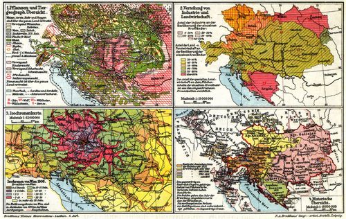 �sterreich-Ungarische Monarchie II. (Karten) 1. Pflanzen- und Tiergeograph. �bersicht. 2. Verteilung von Industrie und Landwirtschaft. 3. Isochronenkarte. 4. Historische �bersicht.