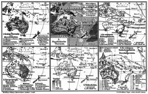 Australien und Ozeanien. II. (Karten) 1. Geolog. �bersicht und Mineralfundst�tten. 2. Physikalische �bersicht. 3. Die wichtigsten Kulturpflanzen. 4. Tiergeograph. �bersicht 5. Volksdichte. 6. Die wichtigsten Entdeckungsfahrten und Forschungsreisen.