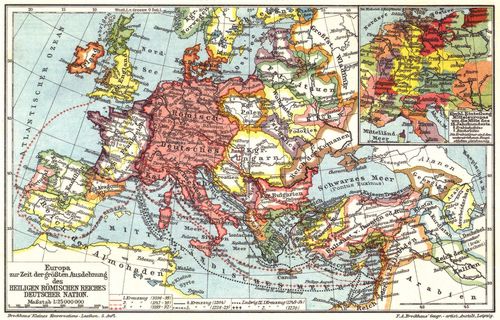 Mittelalter. I. (Karten) Europa zur Zeit der gr��ten Ausdehnung des Heiligen R�mischen Reiches Deutscher Nation.
