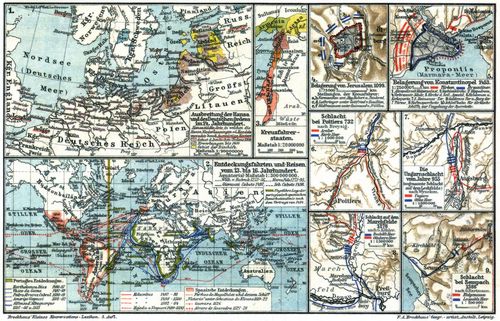 Mittelalter. II. (Karten) 1. Ausbreitung der Hansa und des Deutschen Ordens im 14. Jahrhundert. 2. Entdeckungsfahrten und Reisen vom 13. bis 16. Jahrhundert. 3. Kreuzfahrerstaaten. 4. Belagerung von Jerusalem 1099. 5. Belagerung von Konstantinopel 1453. 6. Schlacht bei Poitiers 732. 7. Die Ungarnschlacht vom Jahre 955. 8. Schlacht auf dem Marchfelde 1278. 9. Schlacht bei Sempach 1386.