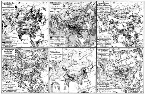 Asien. II. (Karten) 1. Geologische �bersicht und Mineralfundst�tten. 2. Physikalische �bersicht. 3. Die wichtigsten Kulturpflanzen. 4. Tiergeograph. �bersicht. 5. Volksdichte. 6. Die wichtigsten Entdeckungen u. Forschungen.