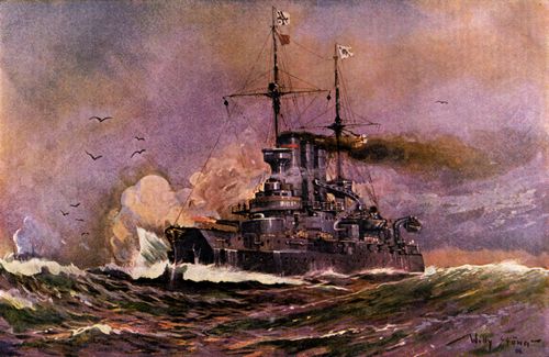 Panzerschiff. (Linienschiff \187\Preu�en\171\ in voller Fahrt feuernd.)
