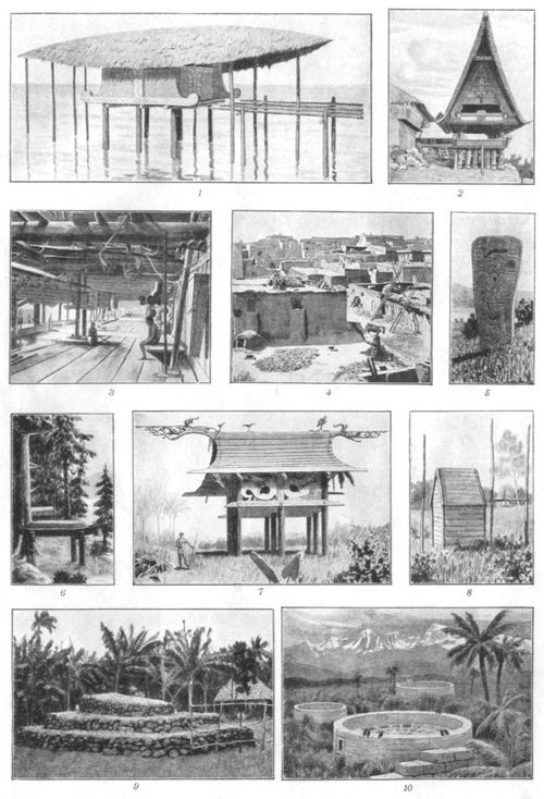 Ethnographie. II. 1. Jünglingshaus der Papua (Geelvinkbai, Niederländisch-Neuguinea). 2. Männerhaus der Batak (Negóri, Sumatra). 3. Inneres eines Langhauses der Kajan-Dajak (Borneo). 4. Häuser der Pueblo-Indianer in Zuñi (Cibola, Nordamerika). 5. Grabpfosten (aus Holz) der Sioux und Odschibwe (Nordamerika). 6. Bootgrab der Tschinuk (Staat Washington, Ver. Staaten von Amerika). 7. Mausoleum der Familie Rajah Sinens (Dajak, Borneo). 8. Hausgrab der Clallam (im Süden der Vancouverinsel). 9. Malietoas Grabmal in Mulinuu-Apia (Upolu, Samoa-Inseln). 10. Sog. Türme des Schweigens, Begräbnisstätte der Parsen (Malabar Hills, Bombay).