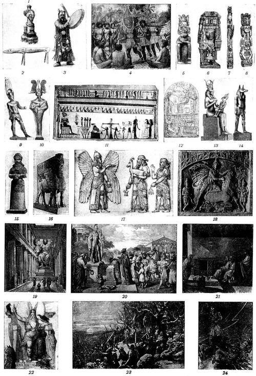 Religionen. I. Naturreligionen und Polytheismus. Naturv�lker: 1. Fetisch (S�dafrika). 2. Idol (Renntier). 3. Schamane (Nordasien). 4. Maskentanz (S�dseeinseln). 5, 6. Altmexikanische G�tzenbilder. 7, 8. Indianische Totems. - �gypter: 9. Ammon. 10. Osiris. 11. Totengericht vor Osiris. 12. Anbetung des Apis. 13. Isis mit Horus. 14. Anubis. - Babylonier-Assyrer: 15. Nebo. 16. Adrammelech. 17. Opferszene. - Iranier, Perser: 18. Mithra. - Griechen: 19. Szene im Zeustempel zu Olympia. - R�mer: 20. Opfer vor Mars. 21. Auguren. - Germanische V�lker: 22. Odin (Wodan). 23. Wintersonnenwendfeier. 24. Thor (Donar).