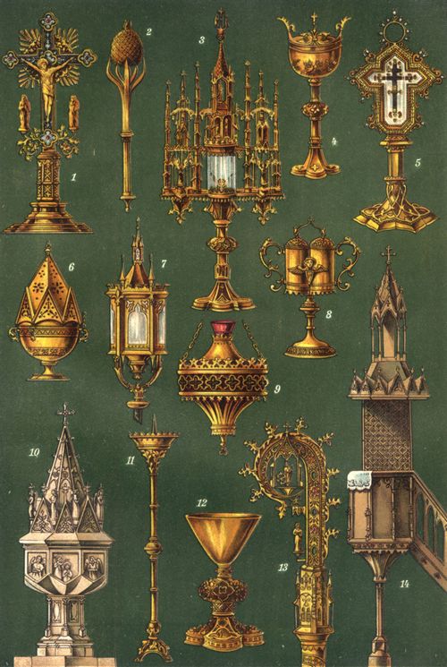 Kirchenger�te im gotischen Stil. 1. Altarkreuz (Kruzifix). 2. Weihwedel (Aspergill). 3. Monstranz. 4. Hostienbeh�lter. 5. Reliquienbeh�lter. 6. Rauchampel. 7. Himmelleuchter (f�r Prozessionen). 8. �lgef�ss. 9. Ewiglicht-Lampe. 10. Taufstein. 11. Altarleuchter. 12. Abendmahlskelch. 13. Bischofsstab (Pastorale). 14. Kanzel.