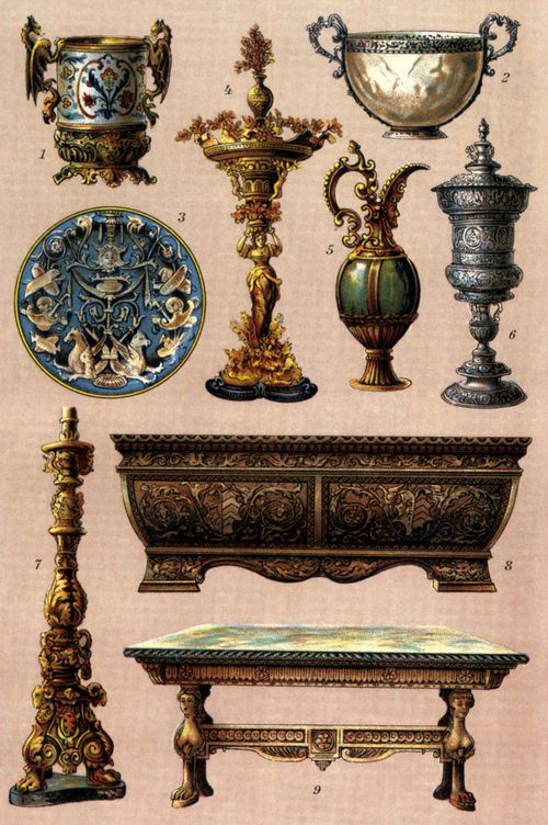 Prunkger�te. im Renaissancestil. 1. K�bel aus Bronze mit bemaltem Majolika-Einsatz. 2. Achatschale mit emaillierter Goldeinfassung. 3. Teller aus Majolika. 4. Goldener Tafelaufsatz. 5. Kanne aus Glas und Bronze. 6. Silberner Pokal. 7. Kandelaber aus Bronze. 8. Sitztruhe aus Holz mit Stuckornamenten. 9. Tisch mit Marmorplatte.