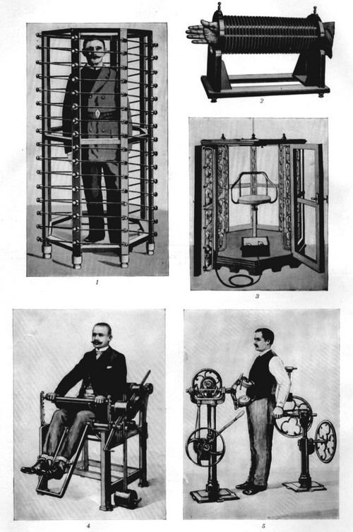 Moderne Heilverfahren. II. Elektrotherapie. 1. Arsonvalisation des ganzen K�rpers, 2. des Armes. 3. Elektrisches Lichtvollbad mit Lichtfu�bank. (Apparate aus de Fabrik von Max Kohl, Chemnitz.) - Zandertherapie. 4. Mediko-mechanischer Apparat zum Kinebeugen und Kniestrecken, 5. zur kreisf�rmigen Unterleibmassage.