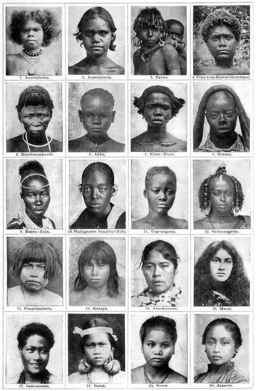 Menschenrassen. I. 1. Australierin. 2. Australierin. 3. Papua. 4. Frau vom Bismarckarchipel. 5. Buschmannweib. 6. Akka. 7. Niam-Niam. 8. Herero. 9. Bantu-Zulu. 10. Madagassin. Sansibar-Zulu 11. Togonegerin. 12. Sudannegerin. 13. Feuerl�nderin. 14. Karay�. 15. Araukanerin. 16. Maori. 17. Samoanerin. 18. Dajak. 19. Batak. 20. Javanin.