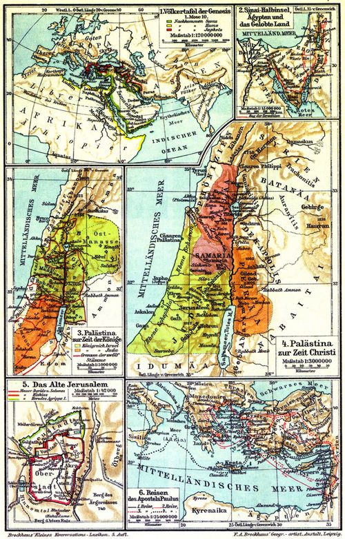 Karten zur biblischen Geschichte. (Karten) 1. V�lkertafel der Genesis 1. Mose 10. 2. Sinai-Halbinsel, �gypten und das Gelobte Land 3. Pal�stina zur Zeit der K�nige 4. Pal�stina zur Zeit Christi 5. Das Alte Jerusalem 6. Reisen des Apostels Paulus