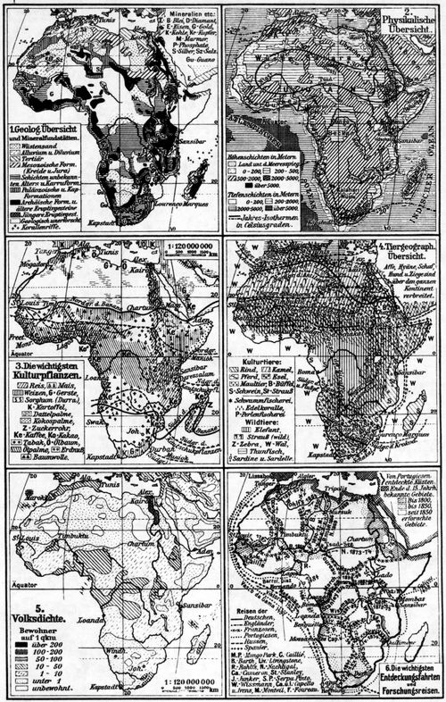 Afrika. II. (Karten) 1. Geolog. �bersicht. 2. Physikalische �bersicht. 3. Die wichtigsten Kulturpflanzen. 4. Tiergeograph. �bersicht. 5. Volksdichte. 6. Die wichtigsten Entdeckungsfahrten und Forschungsreisen.