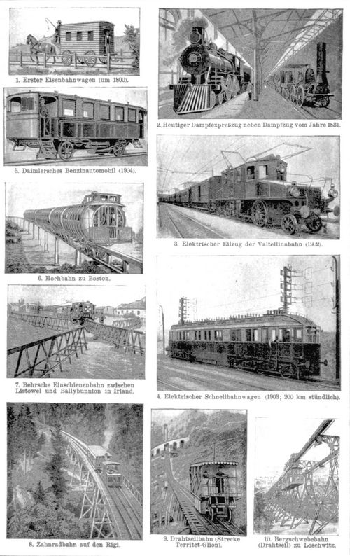 Eisenbahnwesen I. 1. Erster Eisenbahnwagen (um 1800). 2. Heutiger Dampfexpre�zug neben Dampfzug vom Jahre 1831. 3. Elektrischer Eilzug der Valtellinabahn (1902). 4. Elektrischer Schnellbahnwagen (1903; 200 km st�ndlich) 5. Daimlersches Benzinautomobil (1904). 6. Hochbahn zu Boston. 7. Behrsche Einschienenbahn zwischen Listowel und Ballybunnion in Irland. 8. Zahnradbahn auf den Rigi. 9. Drahtseilbahn (Strecke Territet-Glion). 10. Bergschwebebahn (Drahtseil) zu Loschwitz.