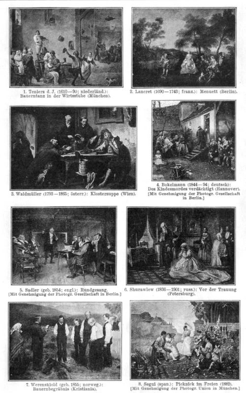 Genrekunst. I. (Genremalerei.) 1. Teniers d. J. (1610-90; niederl�nd.): Bauerntanz in der Wirtsstube (M�nchen). 2. Lancret (1690-1743; franz.): Menuett (Berlin). 3. Waldm�ller (1793-1865; �sterr.): Klostersuppe (Wien). 4. Bokelmann (1844-94; deutsch): Des Kindesmordes verd�chtigt (Hannover). [Mit Genehmigung der Photogr. Gesellschaft in Berlin.] 5. Sadler (geb. 1854; engl.): Rundgesang. [Mit Genehmigung der Photogr. Gesellschaft in Berlin.] 6. Shurawlew (1836-1901; russ.): Vor der Trauung (Petersburg). 7. Werenskiold (geb. 1855; norweg.): Bauernbegr�bnis (Kristiania). 8. Segui (span.): Picknick im Freien (1882). [Mit Genehmigung der Photogr. Union in M�nchen.]