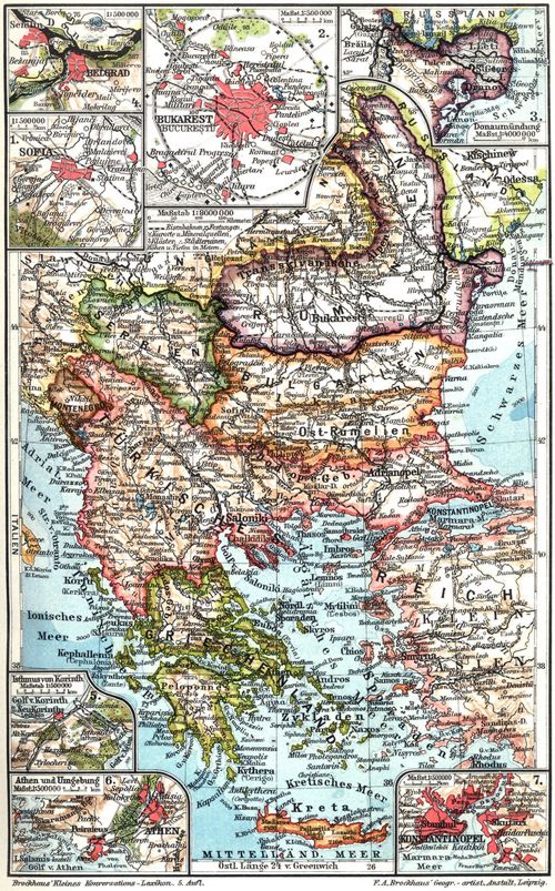 Balkanhalbinsel. I. (Karten) [Detailkarten: ] Belgrad, Sofia, Bukarest, Russland, Ungarn, Rum�nien, Serbien, Bulgarien, T�rkisches Reich, Kleinasien, Griechenland, Isthmus von Korinth, Athen und Umgebung, Konstantinopel