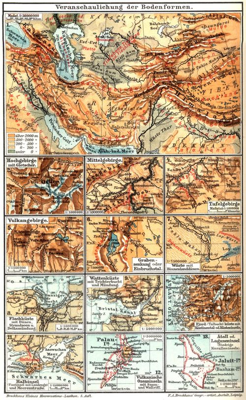 Kartographie. II. (Karten) 1. Veranschaulichung der Bodenformen. 2. Hochgebirge mit Gletscher. 3. Mittelgebirge. 4. Tafelgebirge. 5. Vulkangebirge. 6. Grabensenkung oder Einbruchstal. 7. Wüste mit Binnenlanddünen. 8. Flachküste mit Dünen, Strandseen u. Deltamündung. 9. Wattenküste mit Trichterbucht und -Mündung. 10. Fjord-(Talbucht)küste mit Kontinental- od. Küsteninseln. 11. Halbinsel. (Fastinsel mit Landenge) und Meeresstraße. 12. Vulkanische Ozeaninseln mit Saum- und Wallriff. 13. Atoll od. Laguneninsel (Niedrige Koralleninseln).