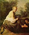 Rembrandt Harmensz. van Rijn: Junge Frau, welcher eine Alte die Fu�n�gel schneidet