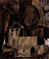 Schiele, Egon: Mauer und Haus vor h�gligem Gel�nde mit Zaun