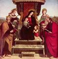 Raffael: Colonna-Altar, Haupttafel, Szene: Thronende Maria mit Christuskind, Johannes dem T�ufer als Kind, rechts: Hl. Paulus und Margaritha, links: Hl. Petrus und Hl. Katharina von Alexandrien