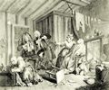 Hogarth, William: Folge »Das Leben einer Dirne«, F�nftes Blatt: Sie haucht ihren Atem aus, w�hrend sich die �rzte noch streiten
