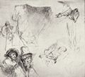 Rembrandt Harmensz. van Rijn: Studienblatt mit im Bett liegenden Frau und Bettlerfiguren