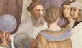 Raffael: Stanza della Segnatura im Vatikan f�r Papst Julius II., Wandfresko: Die Schule von Athen, Detail: Zoroaster (Pietro Bembo, links hinten), Ptolem�us (R�ckenfigur), Raffael (links hinten), Sodoma (Michelangelo, rechts vorn)