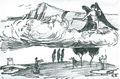 Macke, August: Paar zwischen den Allegorien von Wissenschaft und Kunst, aufeinander zueilent, Amor in den Wolken