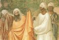 Giotto di Bondone: Fresken in der Bardi-Kapelle, Kirche Santa Croce in Florenz, Szene: Die Feuerprobe vor dem Sultan, Detail