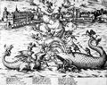 Hogenberg, Franz: D�sseldorf, Kampfszene zwischen Drache und Walfisch auf dem Rhein