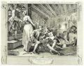Hogarth, William: Folge »Flei� und Faulheit«, Neuntes Blatt: Der Faule, von seiner Hure betrogen, sitzt mit seinem Kumpan in einem Nachtlokal