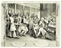 Hogarth, William: Folge »Flei� und Faulheit«, Zehntes Blatt: Der Flei�ige, nunmehr Ratsherr von London, empf�ngt den Faulen und seinen Ankl�ger