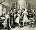 Hogarth, William: Folge »Das Leben eines W�stlings«, Zweites Blatt: Tom Rakewell, umgeben von K�nstlern und Gelehrten, zweite Fassung