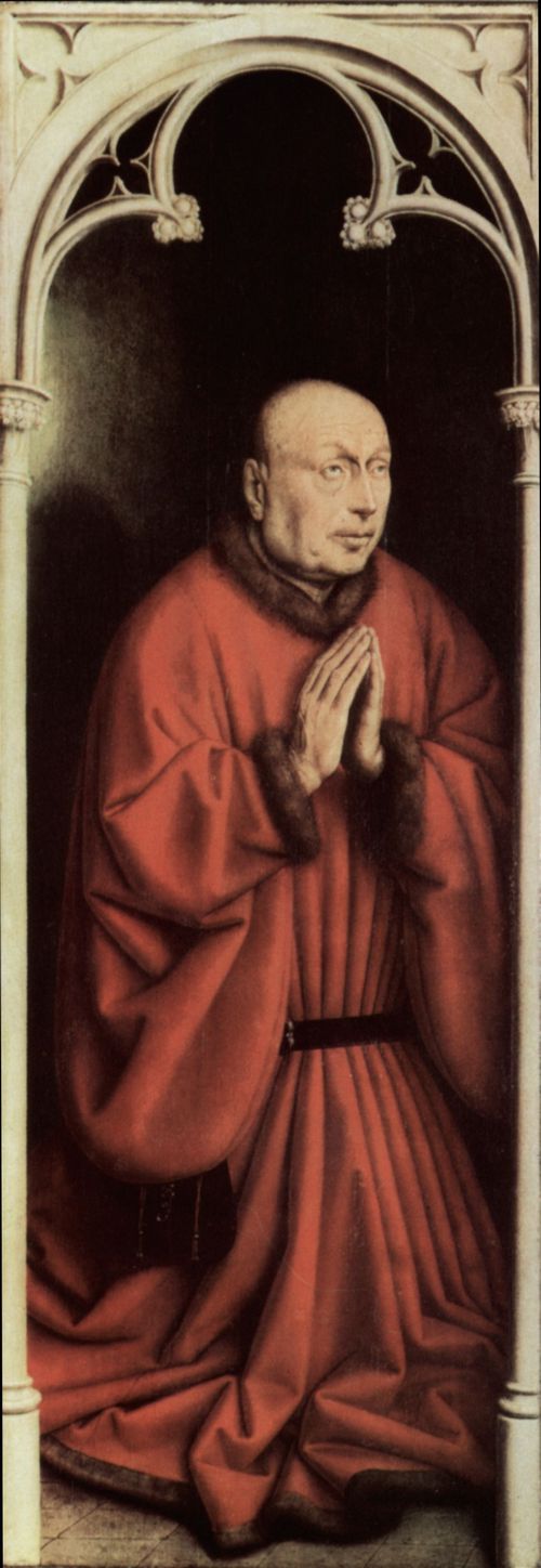 Eyck, Jan van: Genter Altar, Altar des Mystischen Lammes, linker Au�enfl�gel, untere �u�ere Szene: Betender Stifter des Altares, Jodocus Vyd (Portr�t)