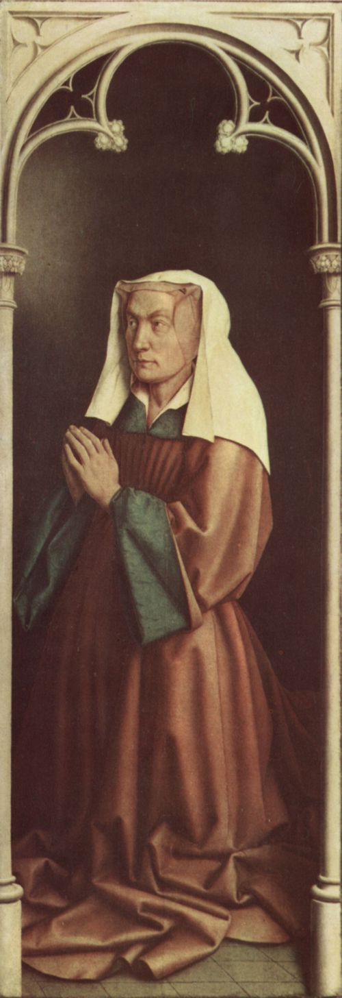Eyck, Jan van: Genter Altar, Altar des Mystischen Lammes, rechter Au�enfl�gel, untere �u�ere Szene: Betende Stifterin des Altares, Isabelle Borluut (Portr�t)