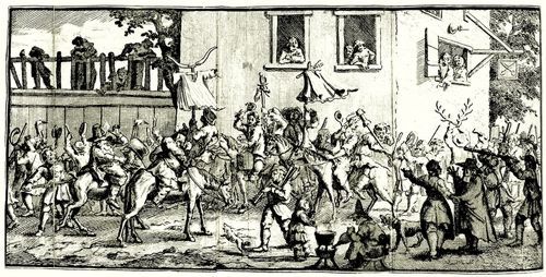 Hogarth, William: Kleine Illustration zu Samuel Butlers »Hudibras«, Hudibras ger�t in einen Narrenzug