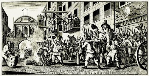 Hogarth, William: Gro�e Illustrationen zu Samuel Butlers »Hudibras«, Symbolische Verbrennung des Rumpfparlamentes vor dem Londoner Stadttor Temple Bar