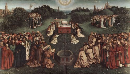 Eyck, Jan van: Genter Altar, Altar des Mystischen Lammes, Haupttafel, Szene: Die Anbetung des mystischen Lammes