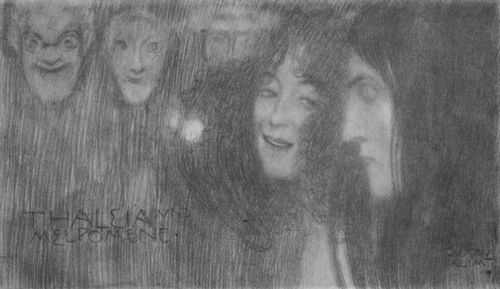 Klimt, Gustav: Zwei M�dchenk�pfe im Profil und Masken Thalia und Melpomene