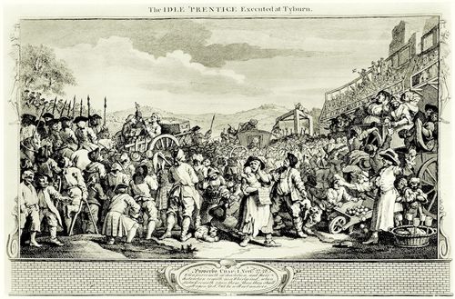 Hogarth, William: Folge »Flei� und Faulheit«, Elftes Blatt: Der Faule wird zu Tyburn hingerichtet