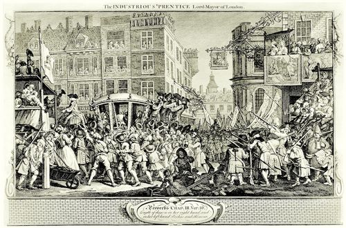 Hogarth, William: Folge »Flei� und Faulheit«, Zw�lftes Blatt: Der Flei�ige, zum Oberb�rgermeister von London gew�hlt