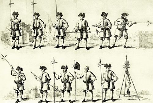 Hogarth, William: Illustration zu John Blackwells »Kompendium der milit�rischen Disziplin«, �bung mit der Hellebarde