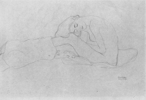 Klimt, Gustav: Sitzender weiblicher Halbakt nach links, den Kopf auf die Knie gebeugt