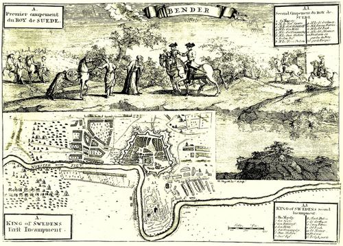 Hogarth, William: Illustration zu »Reisen durch Europa, Asien und Teile Afrikas« von Aubry de la Motraye, Karl XII. zu Bender