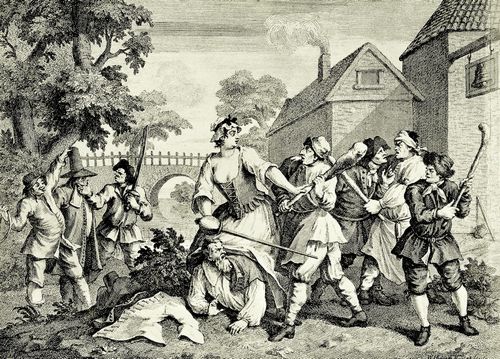Hogarth, William: Gro�e Illustrationen zu Samuel Butlers »Hudibras«, Hudibras wird von Trulla �berw�ltigt