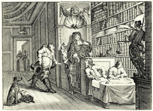 Hogarth, William: Gro�e Illustrationen zu Samuel Butlers »Hudibras«, Hudibras vor dem Richter
