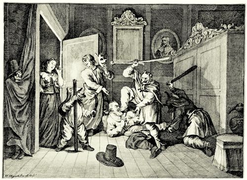 Hogarth, William: Gro�e Illustrationen zu Samuel Butlers »Hudibras«, Hudibras wird von b�sen Geistern katechisiert
