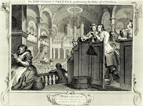Hogarth, William: Folge »Flei� und Faulheit«, Zweites Blatt: Der Flei�ige in Erf�llung der Pflicht eines Christen