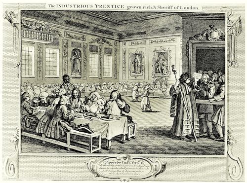 Hogarth, William: Folge »Flei� und Faulheit«, Achtes Blatt: Der Flei�ige, zu Reichtum gelangt und zum Stadtrichter von London ernannt