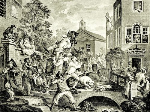 Hogarth, William: Folge »Die Wahlen«, Die gew�hlten Abgeordneten im Triumph durch den Ort getragen