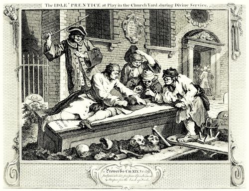 Hogarth, William: Folge »Flei� und Faulheit«, Drittes Blatt: Der Faule auf dem Kirchhof beim Hazardspiel w�hrend der Predigt