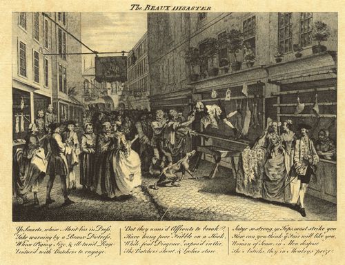 Hogarth, William (Nachfolger um 1740): Der Geck am Fleischerhaken
