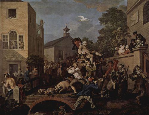 Hogarth, William: Gem�ldeserie »Wahlzyklus«, Szene: Der Triumphzug des Abgeordneten